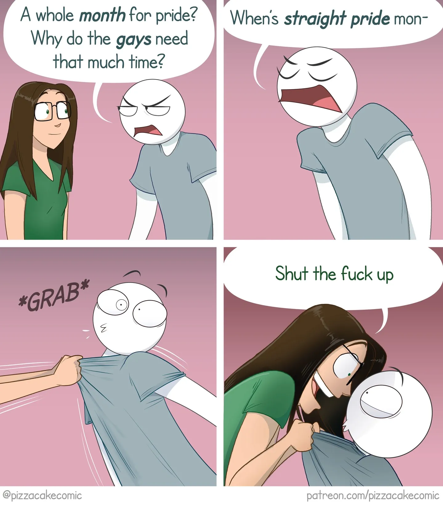 PizzaCake comic #13: a conversation about Pride month turns into a confrontation over straight pride.