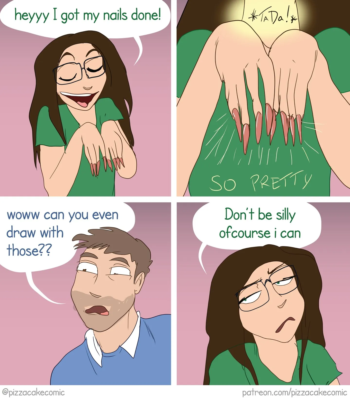 PizzaCake comic #14: a woman proudly shows off long manicured nails and is asked if she can still draw.