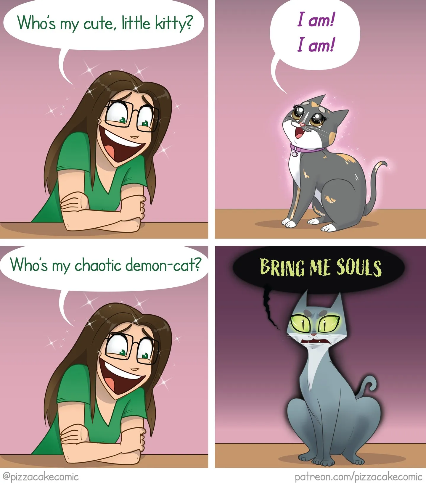 PizzaCake comic #15: a cute gray cat reveals a chaotic supernatural side.
