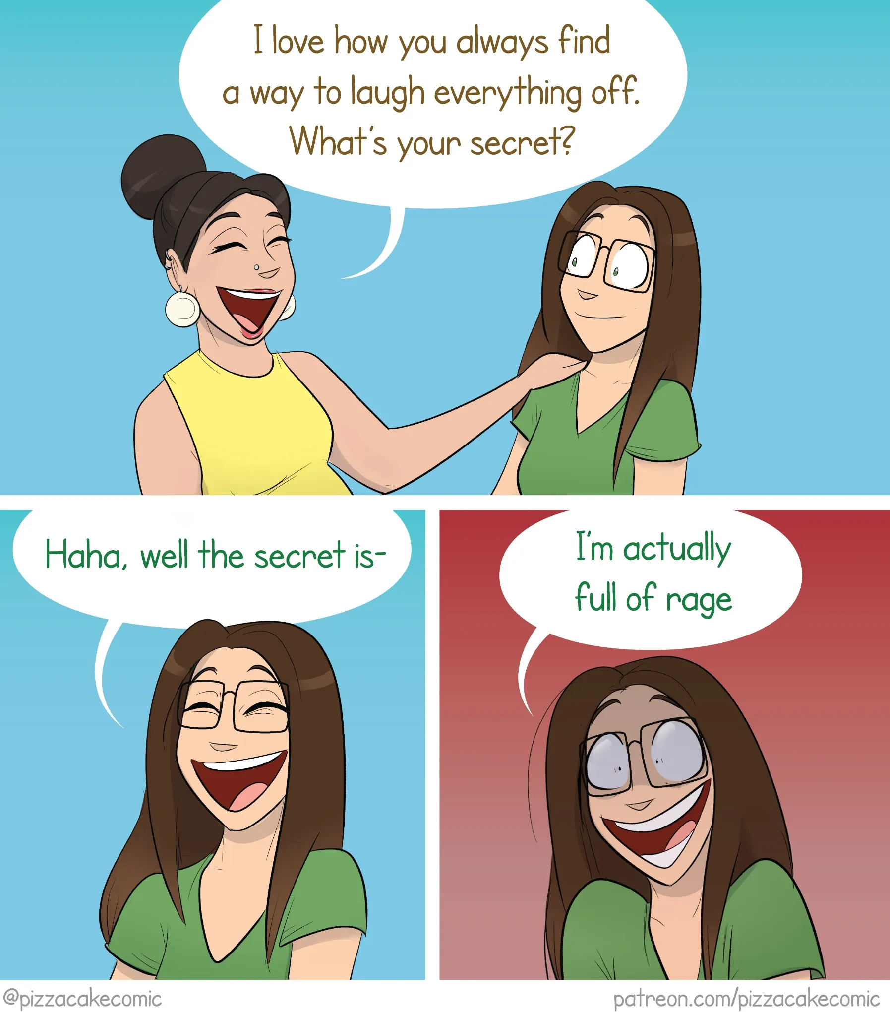 PizzaCake comic #16: a character reveals that laughing everything off hides a surprising amount of rage.