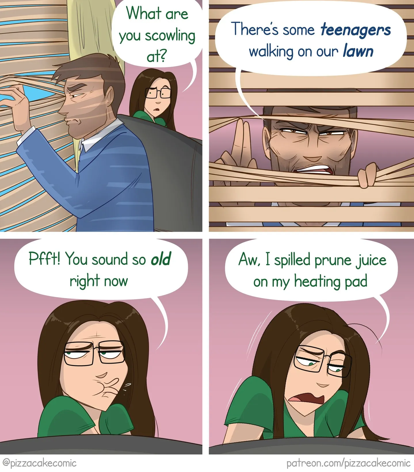 PizzaCake comic #18: a complaint about teenagers on the lawn contrasts with an older character's everyday grumbles.