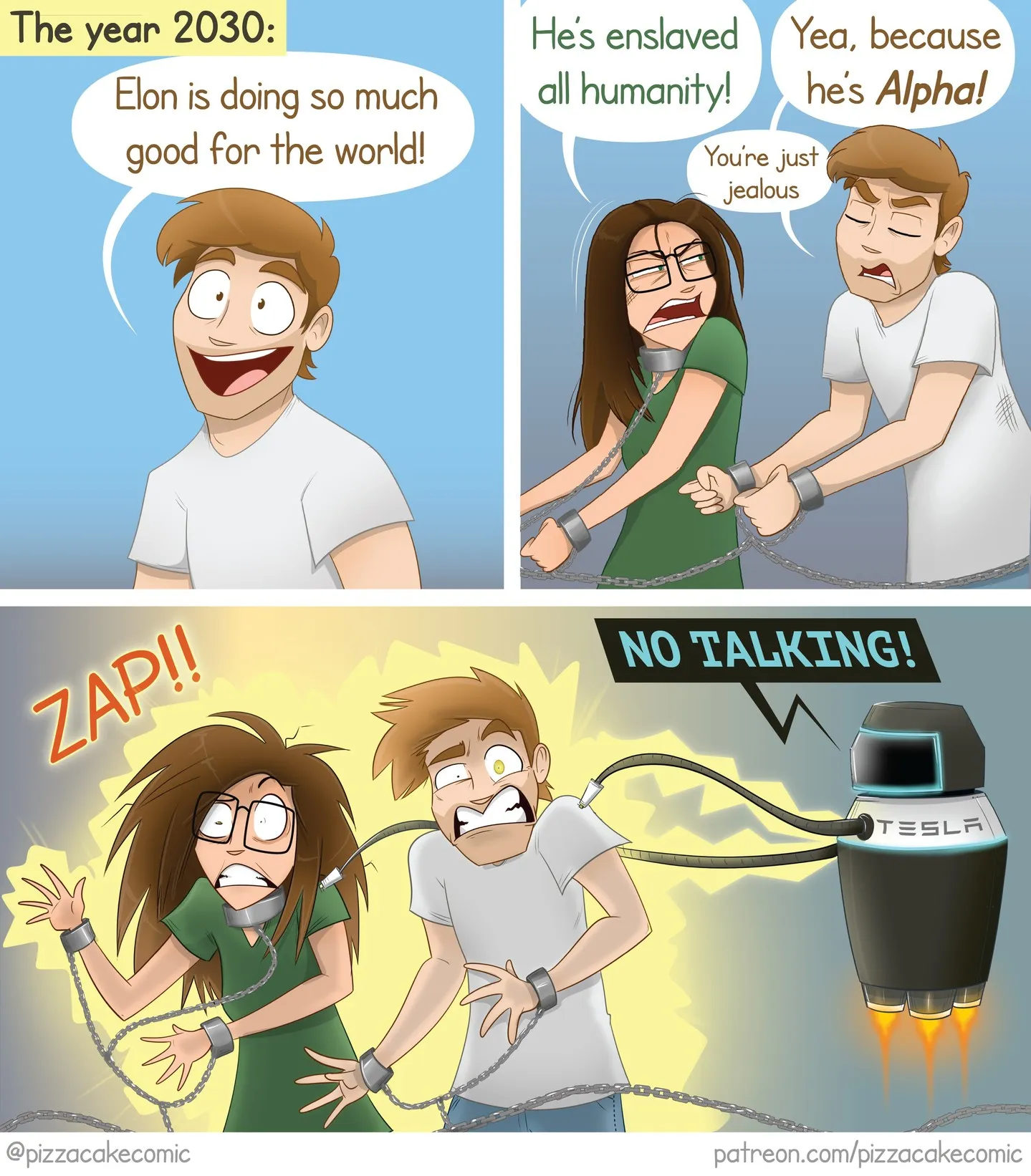PizzaCake comic #19: futuristic satire imagines a Tesla robot enforcing silence in a dystopian scenario.