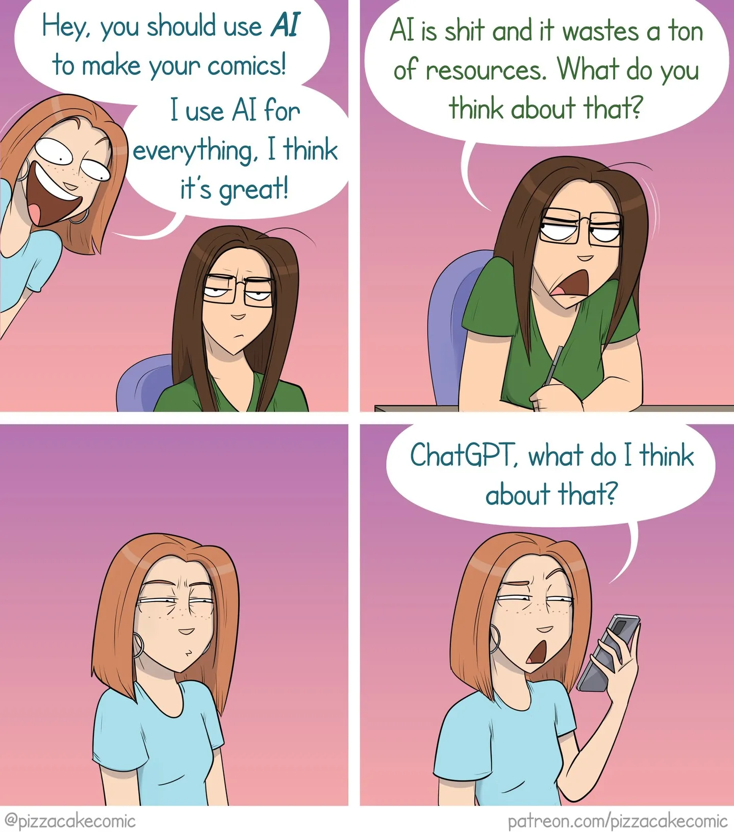 PizzaCake comic #20: an AI art debate ends with a character asking ChatGPT for an opinion.