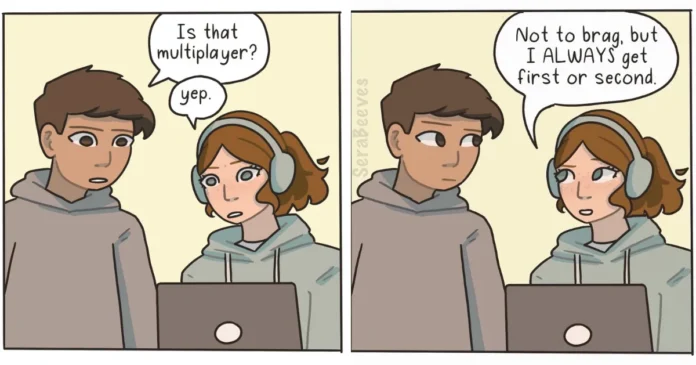 A woman wearing headphones boasts that she always places first or second in multiplayer games, but the final panel reveals she is playing chess alone on a computer.