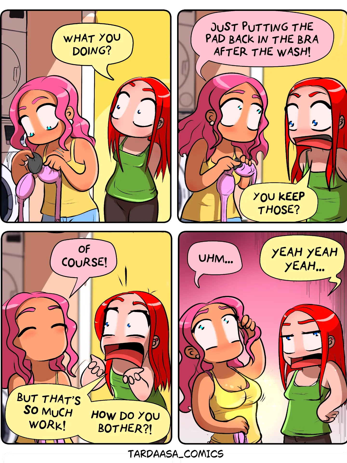 Tardaasa Comics panel showing two women discussing returning a bra pad after washing.