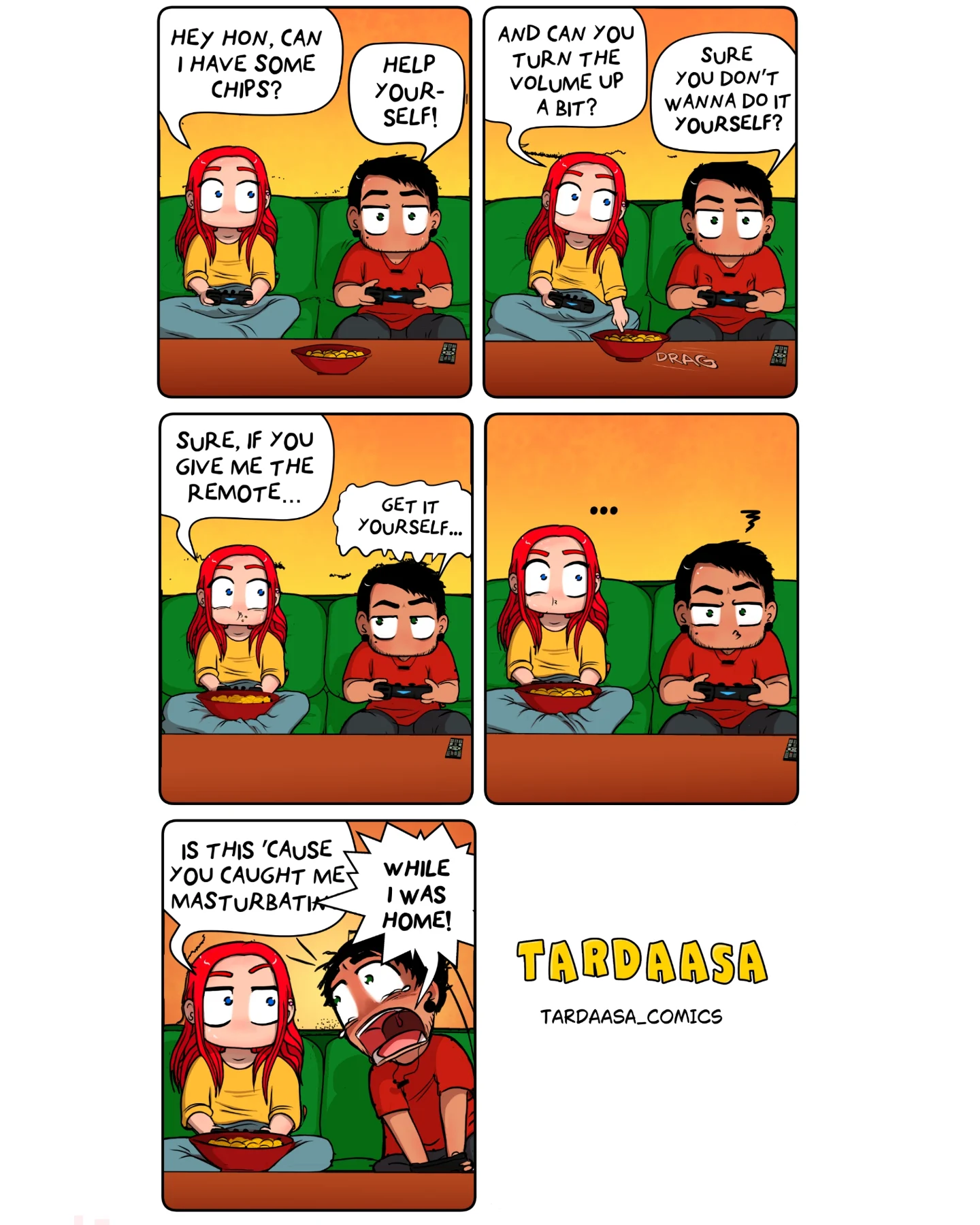 A red-haired woman and her partner sit on a green couch gaming while she asks for chips and help with the TV remote.
