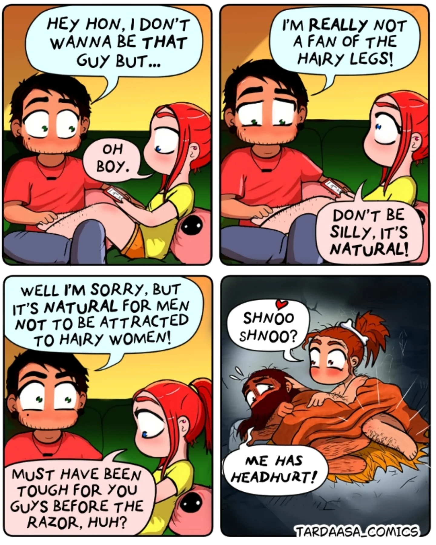 A couple discuss hairy legs in a colorful four-panel comic, ending with an exaggerated fantasy gag.