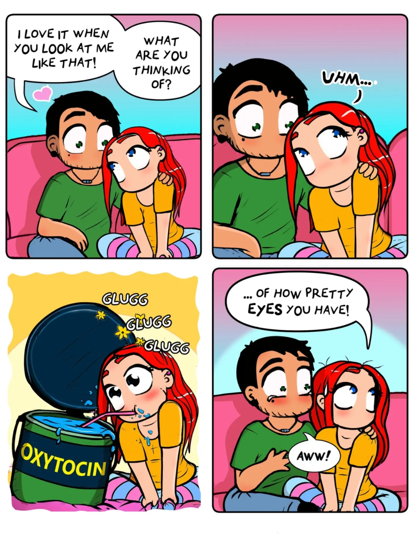 A red-haired woman enjoys a compliment about her eyes while the comic visualizes oxytocin as a drink.