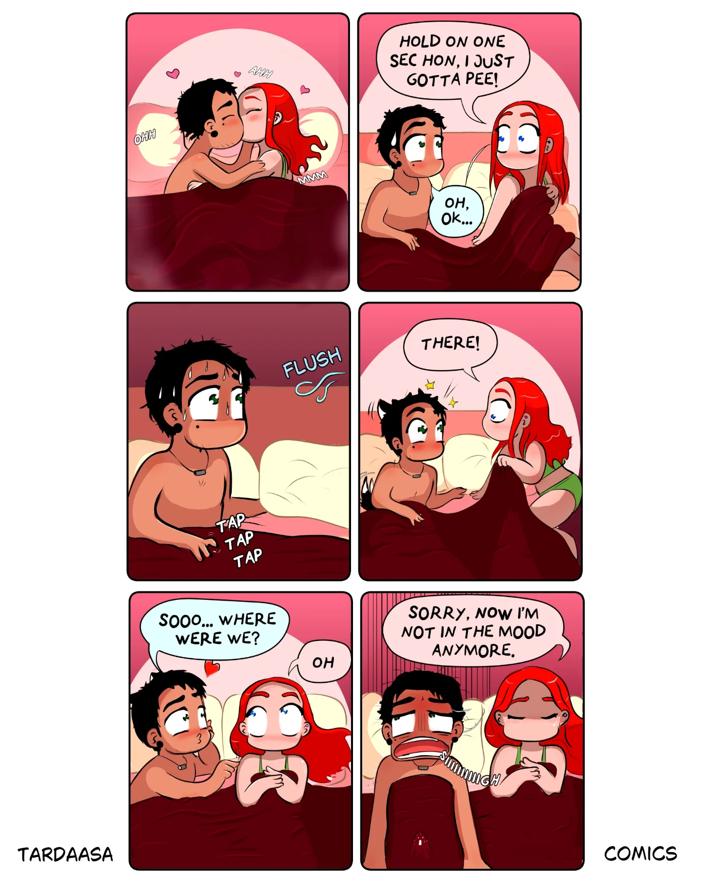 A red-haired couple share a kiss in bed before one partner interrupts the moment to use the bathroom.