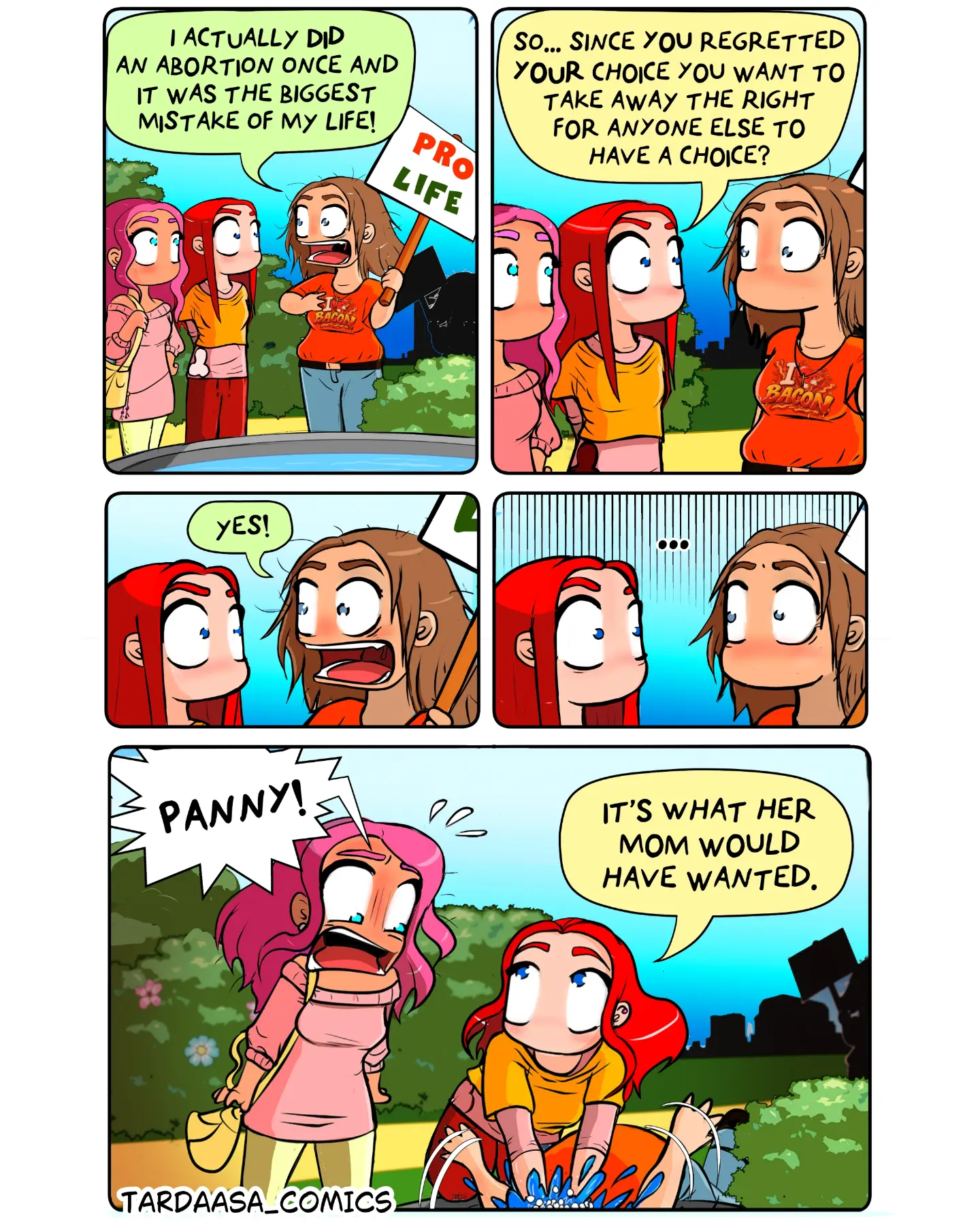 Three women discuss abortion and personal choice in a comic set outdoors near a pro-life sign.