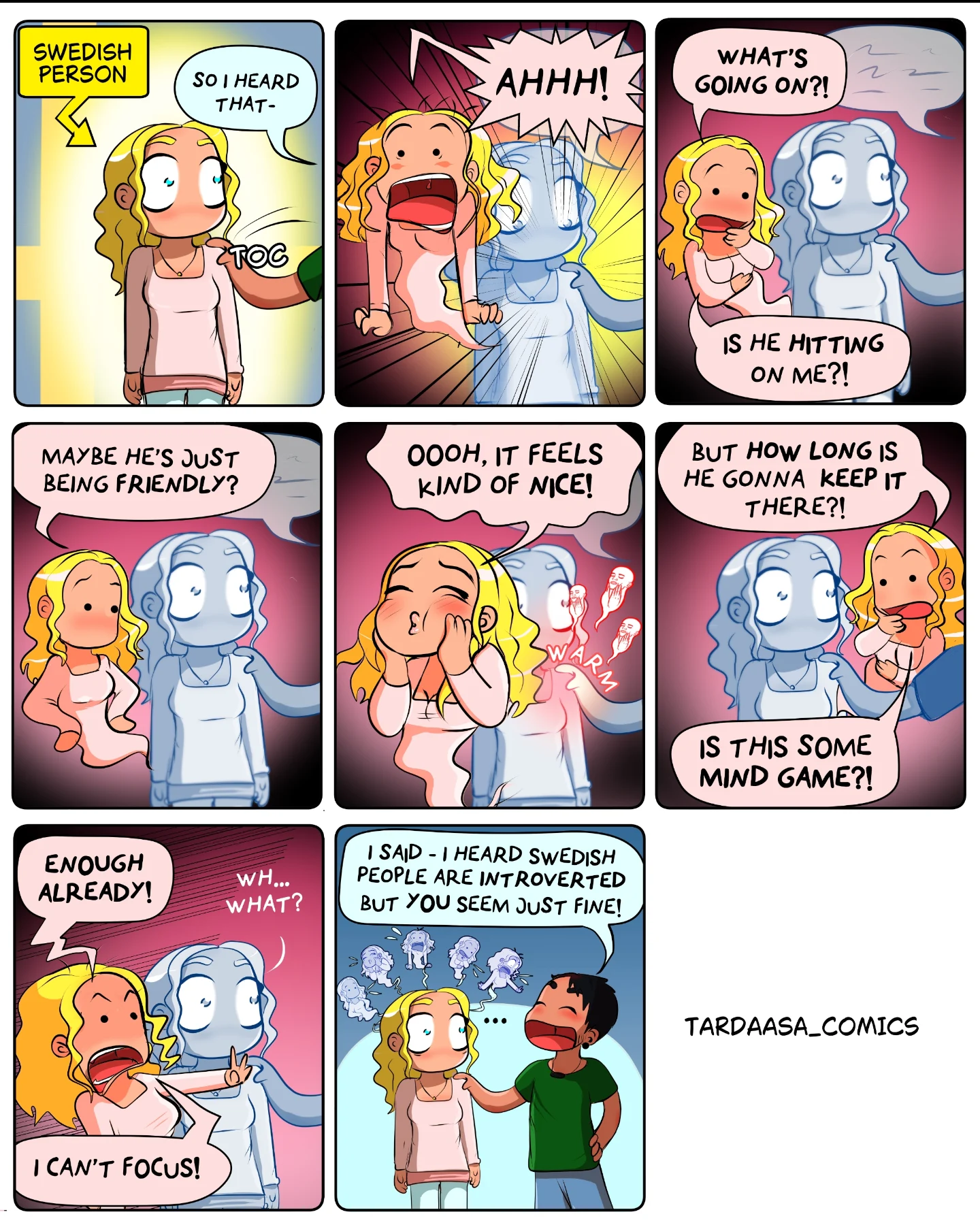 A blonde woman misreads a friendly interaction with a blue-tinted figure, imagining increasingly awkward explanations.
