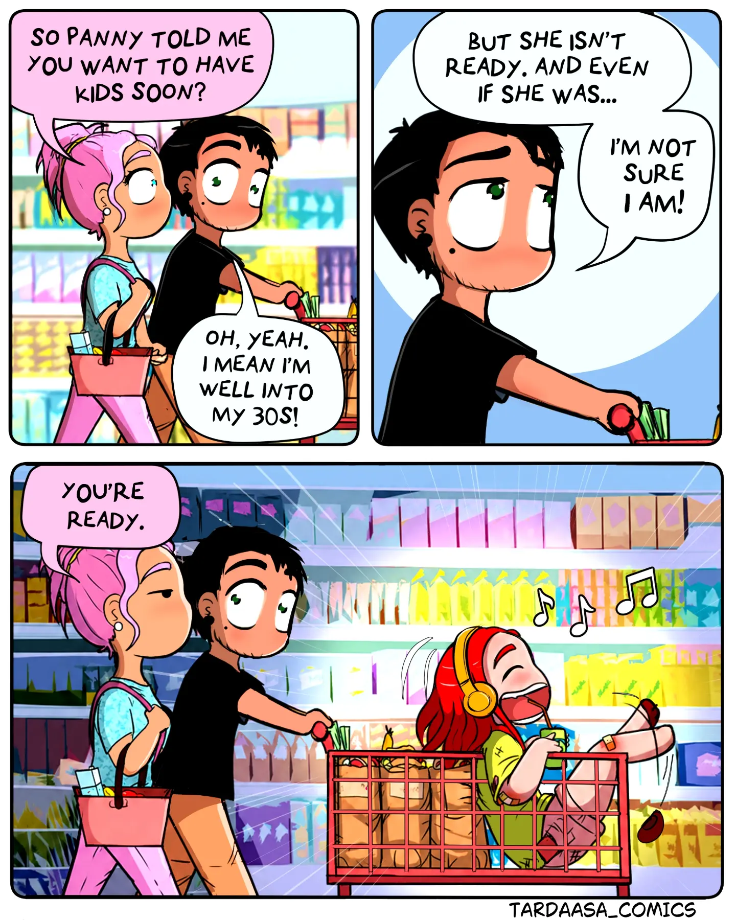 A couple discuss whether they are ready to have children while a red-haired woman gleefully rides in a supermarket cart.