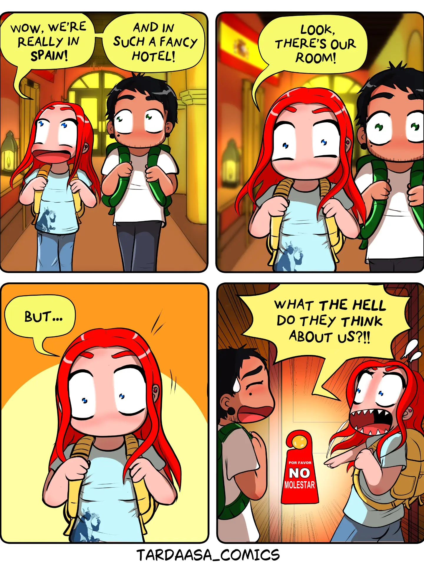 A red-haired traveler and her companion arrive at a Spanish hotel and react with alarm to a sign asking guests not to disturb.
