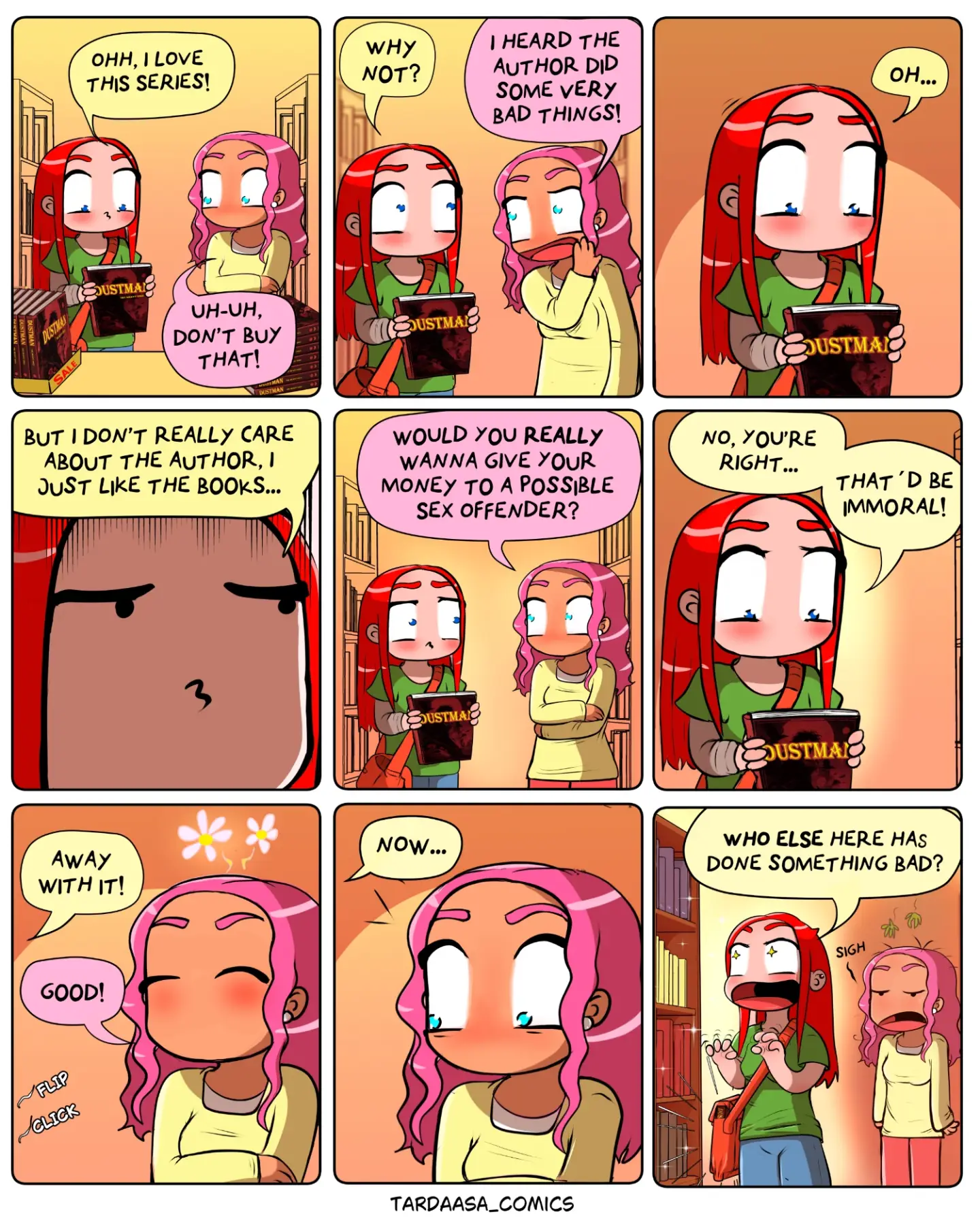 Two friends discuss whether they should buy a comic series after hearing troubling claims about its author.