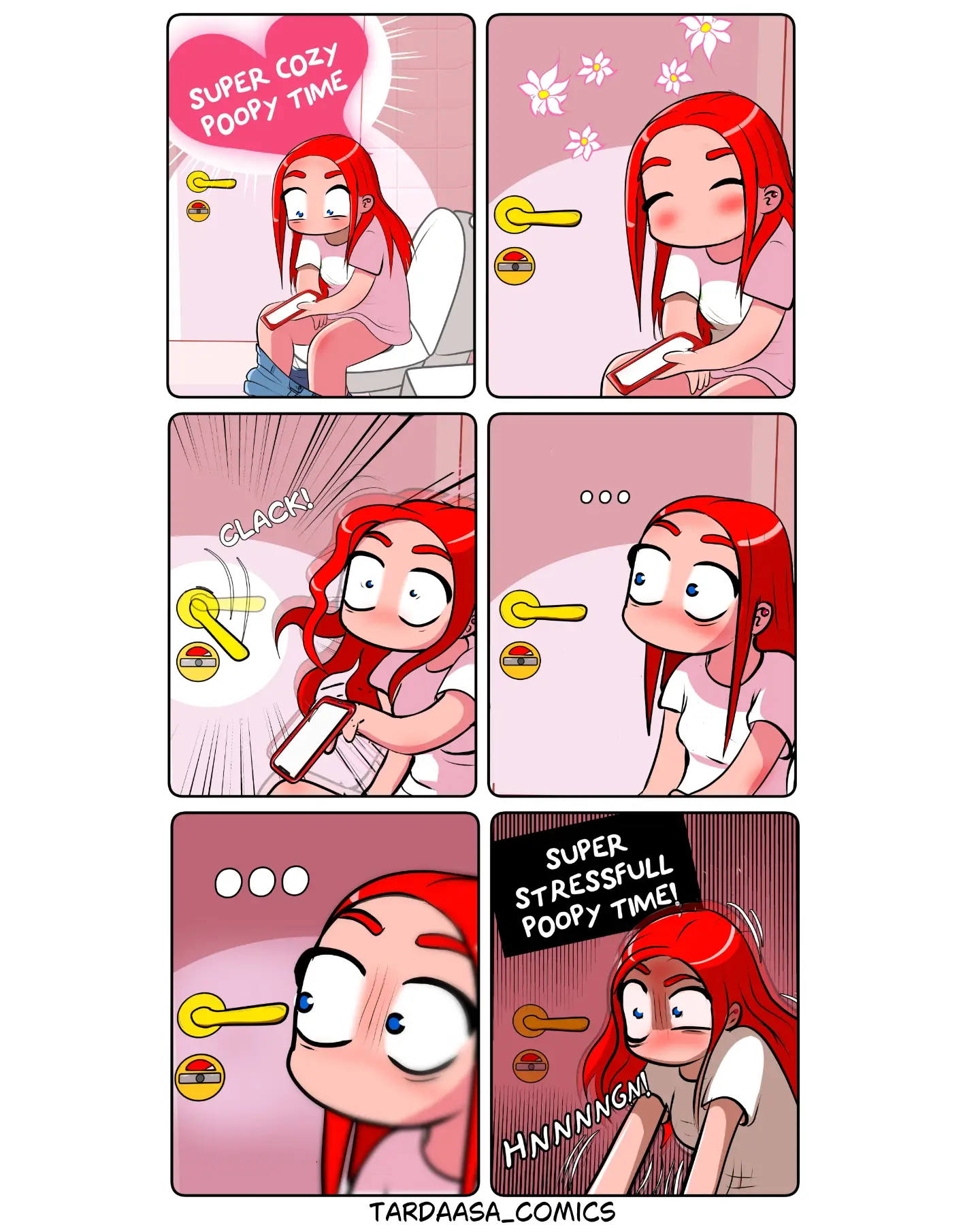 A red-haired woman tries to relax in a pink bathroom, but a sudden door-handle click leaves her tense and alarmed.