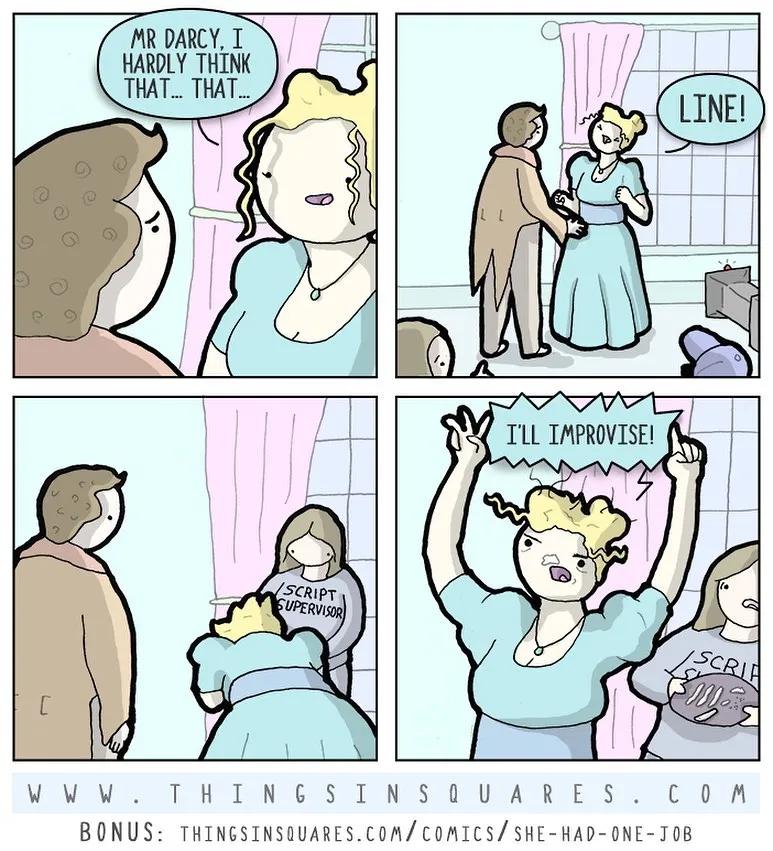 Things in Squares comic showing a woman struggling to remember a line during a performance.