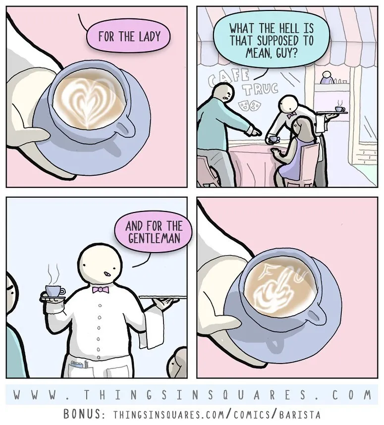 A comic showing a barista presenting two coffees with latte art and a customer reacting to the rude message in the foam.
