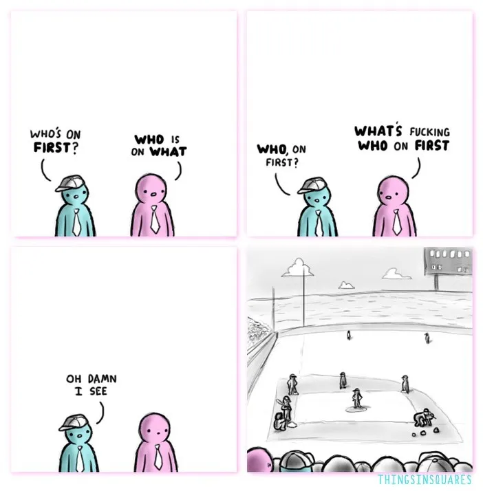 Two simple stick characters misunderstand a question about who is on first, followed by a baseball field scene.