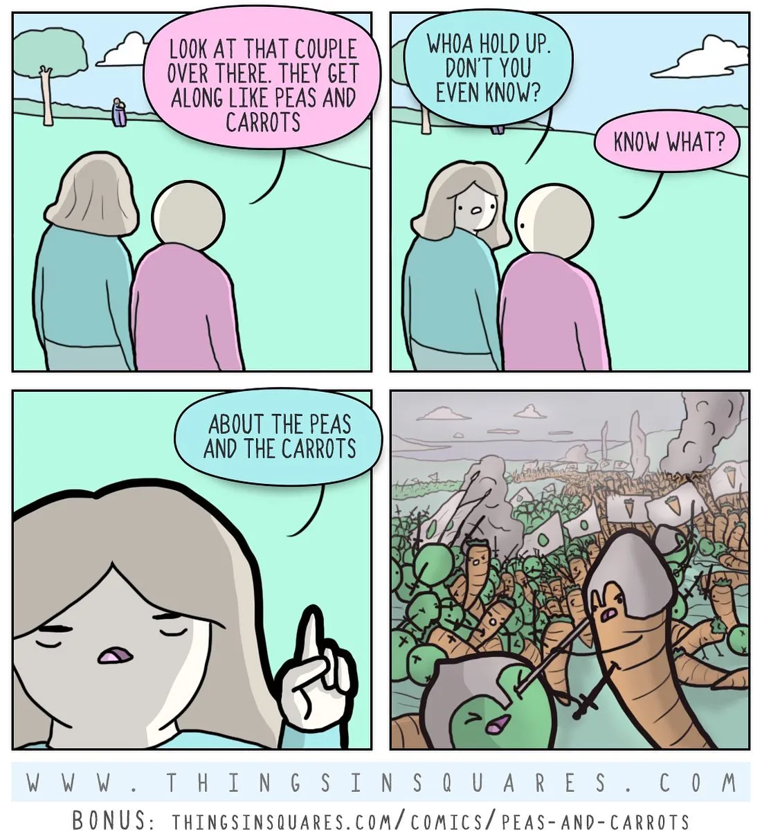 Two people admire a couple who get along like peas and carrots before the final panel depicts a battle between anthropomorphic vegetables.