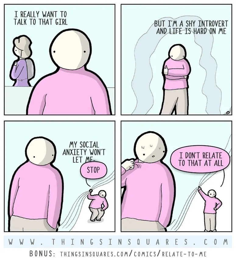 A shy person wants to speak to a girl while a tiny version of them pulls at their clothing to interrupt their anxious thoughts.