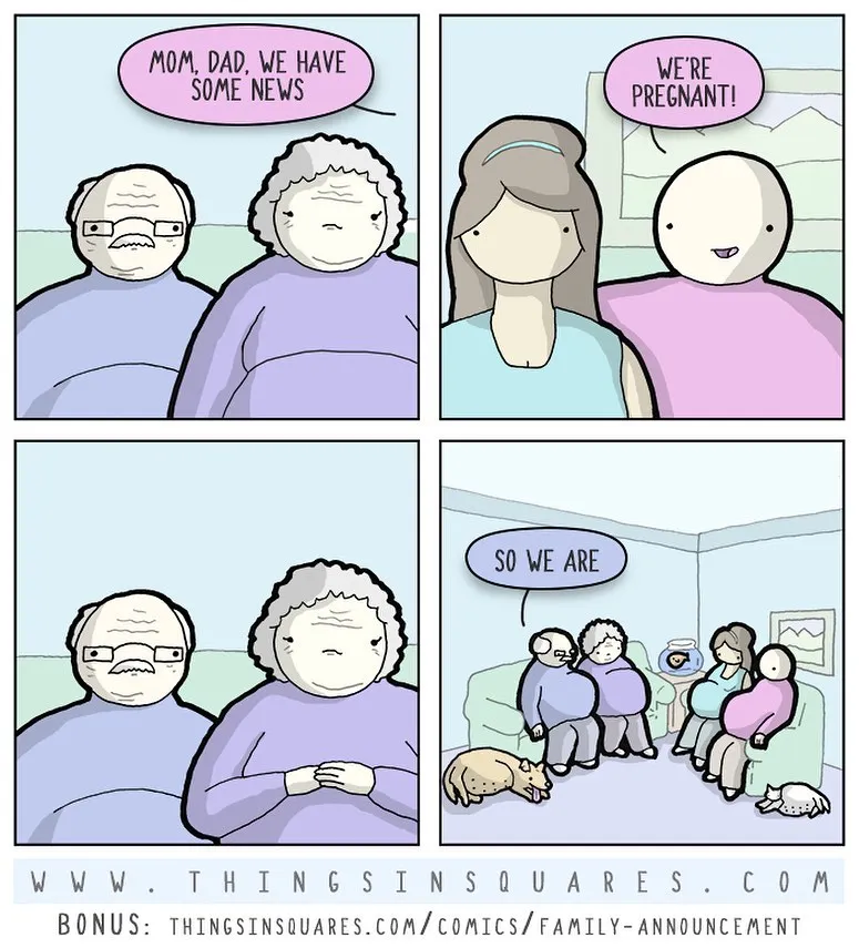 A young couple announces a pregnancy to older parents, then reveals the grandparents are expecting too.