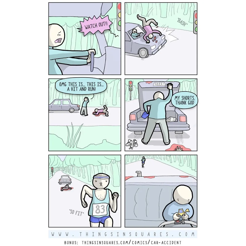 A traffic collision comic ends with an uninjured runner retrieving his shorts from the car trunk.