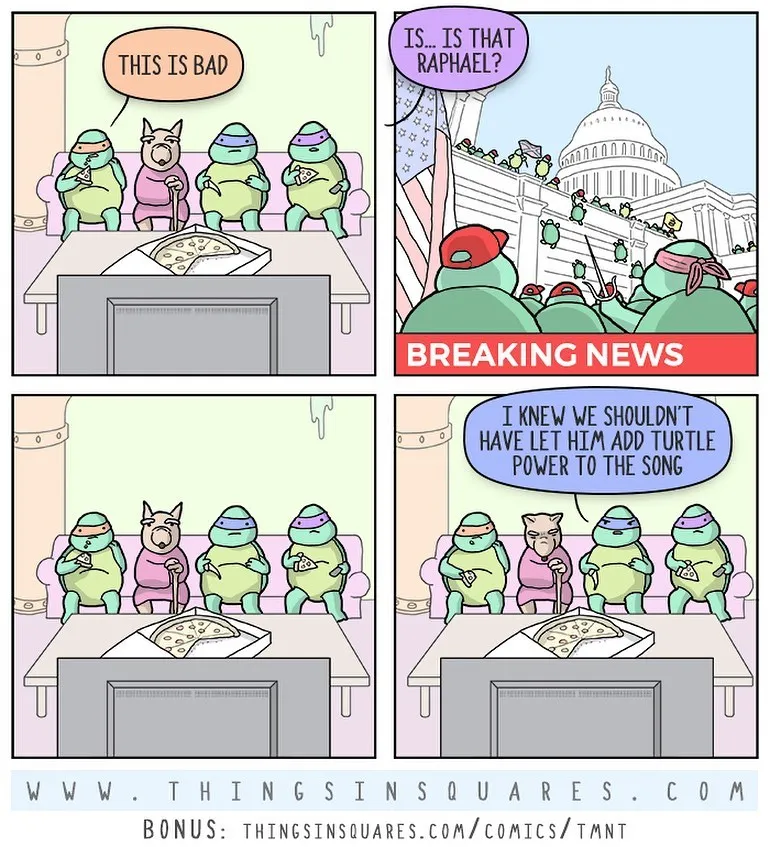 Four turtle heroes watch breaking news about a turtle at the Capitol and reflect on giving him their song power.