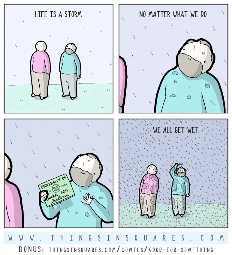 A soaked character holds up a liberal arts diploma as rain falls on two people standing outdoors.