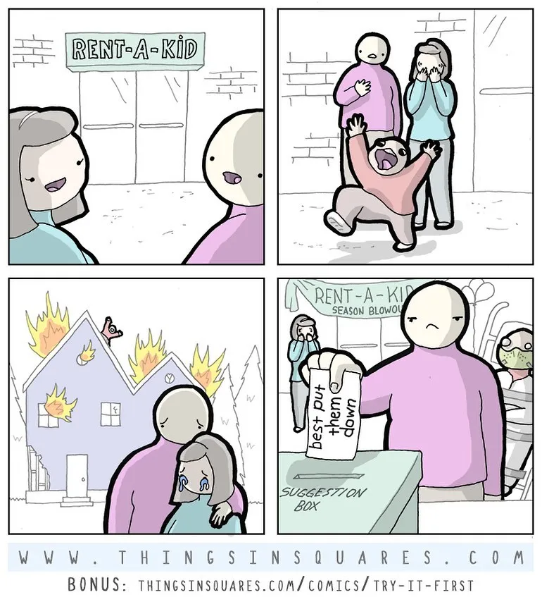 A Rent-A-Kid service comic shows parents overwhelmed by a crying child and later suggesting children be put down.