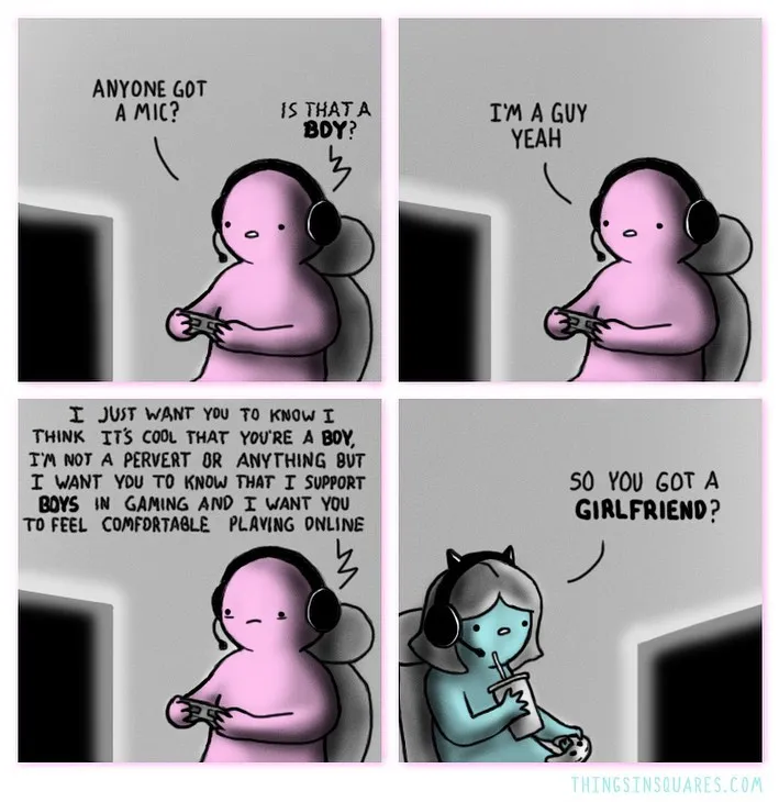Two gamers using headsets discuss online support for boys before the conversation turns to asking about a girlfriend.