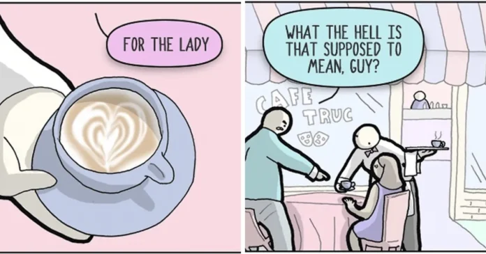 A comic showing a barista presenting two coffees with latte art and a customer reacting to the rude message in the foam.