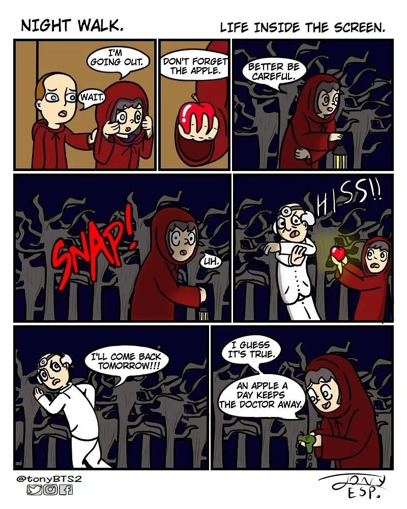 A red-hooded girl walks through a dark forest with an apple, snaps a twig, then startles a man in white and decides to return tomorrow.