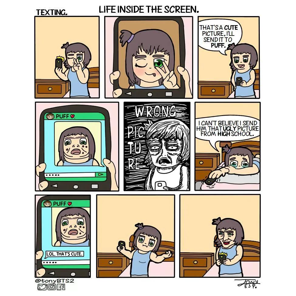 A woman takes a selfie, sends it to a contact named Puff, and regrets sending an unflattering old-school photo before receiving a playful reply.