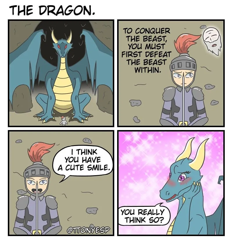 A knight tells a dragon to defeat the beast within, then compliments the dragon’s smile; the dragon blushes against a pink sparkling background.
