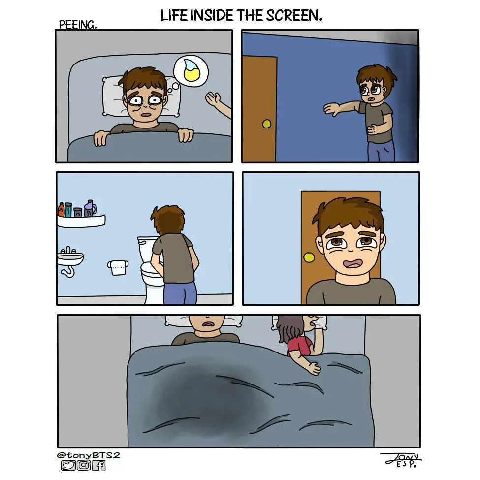 A man wakes at night to use the bathroom and returns with an awkward, guilty expression while someone else is visible in his bed.