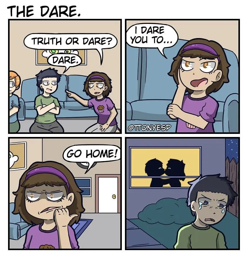 Friends play truth or dare; a girl dares a boy to go home, and the final panel shows him crying after seeing a couple together.