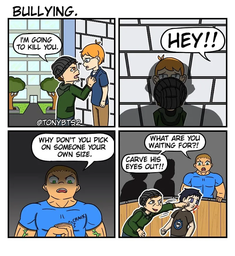 A smaller bully threatens a red-haired student; a muscular bystander says to pick on someone his own size, then encourages a violent response.