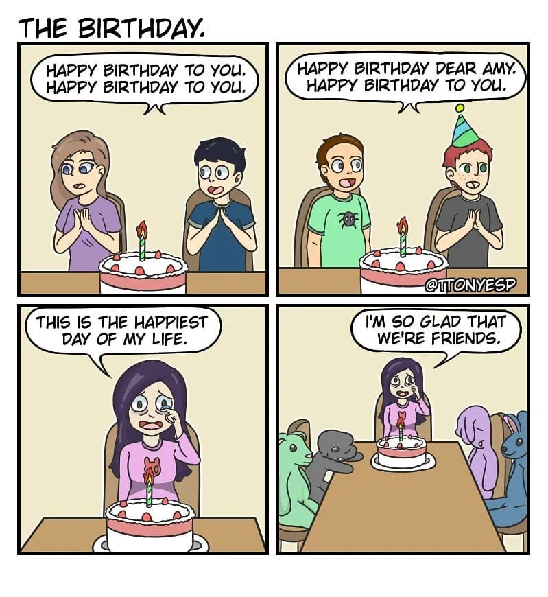 Friends sing happy birthday to Amy around a cake; she cries with joy, then says she is glad they are friends as the group sits around the table.