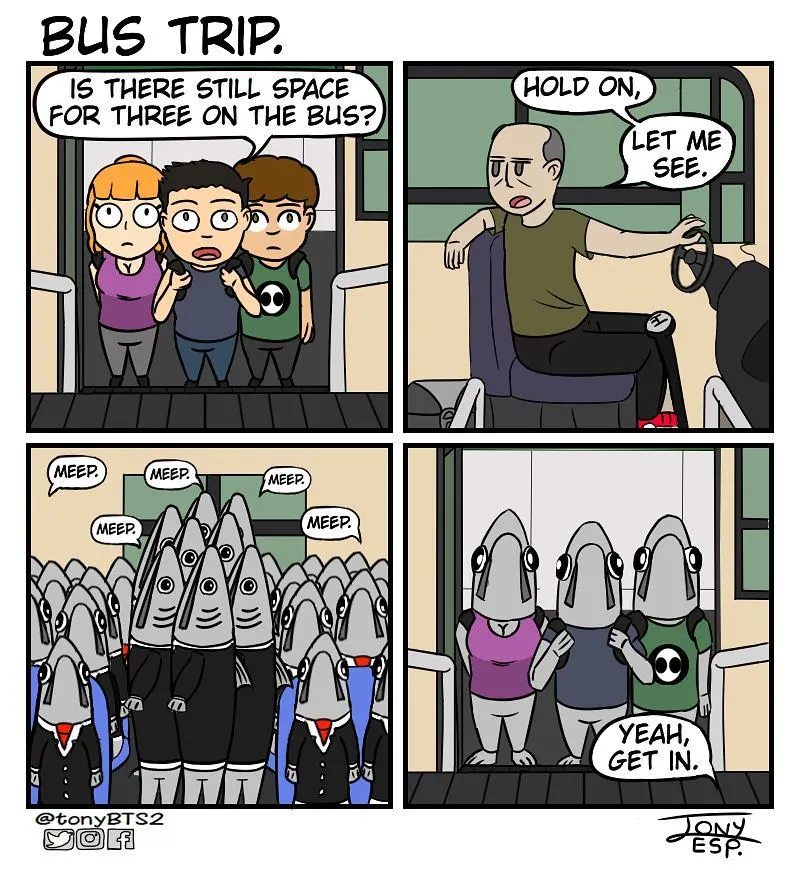Three passengers ask if there is room on a bus; the packed crowd appears to be identical suited, hooded figures, and the driver invites them aboard.