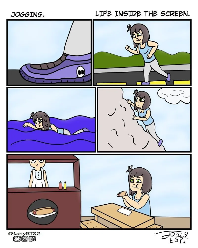 Tony Esp comic titled Jogging, contrasting a purple shoe close-up with a woman running outdoors and exercising inside a screen.