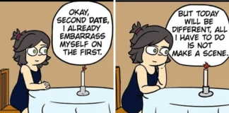 19 Tony Esp Comics Where Everyday Life Goes Sideways A woman rehearses not embarrassing herself on a second date, then blurts out that she wants two children to a date who is a teacher.