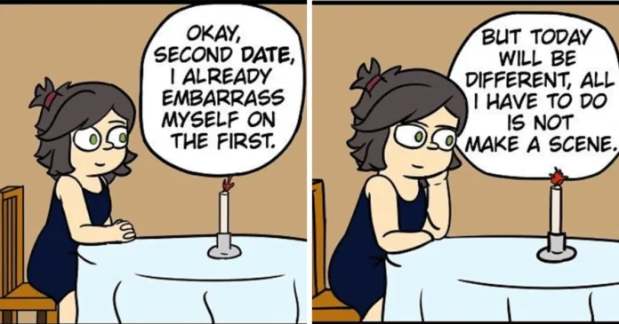 A woman rehearses not embarrassing herself on a second date, then blurts out that she wants two children to a date who is a teacher.