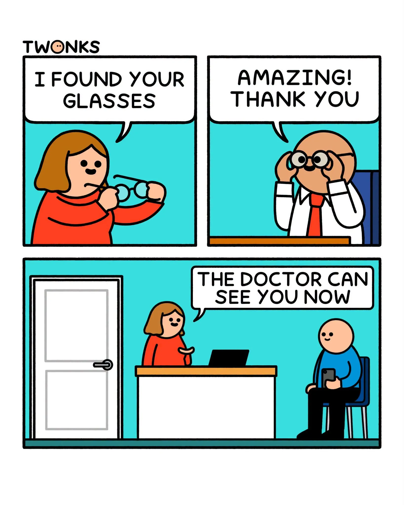 A woman offers a pair of glasses to a bespectacled man in the first Twonks comic.