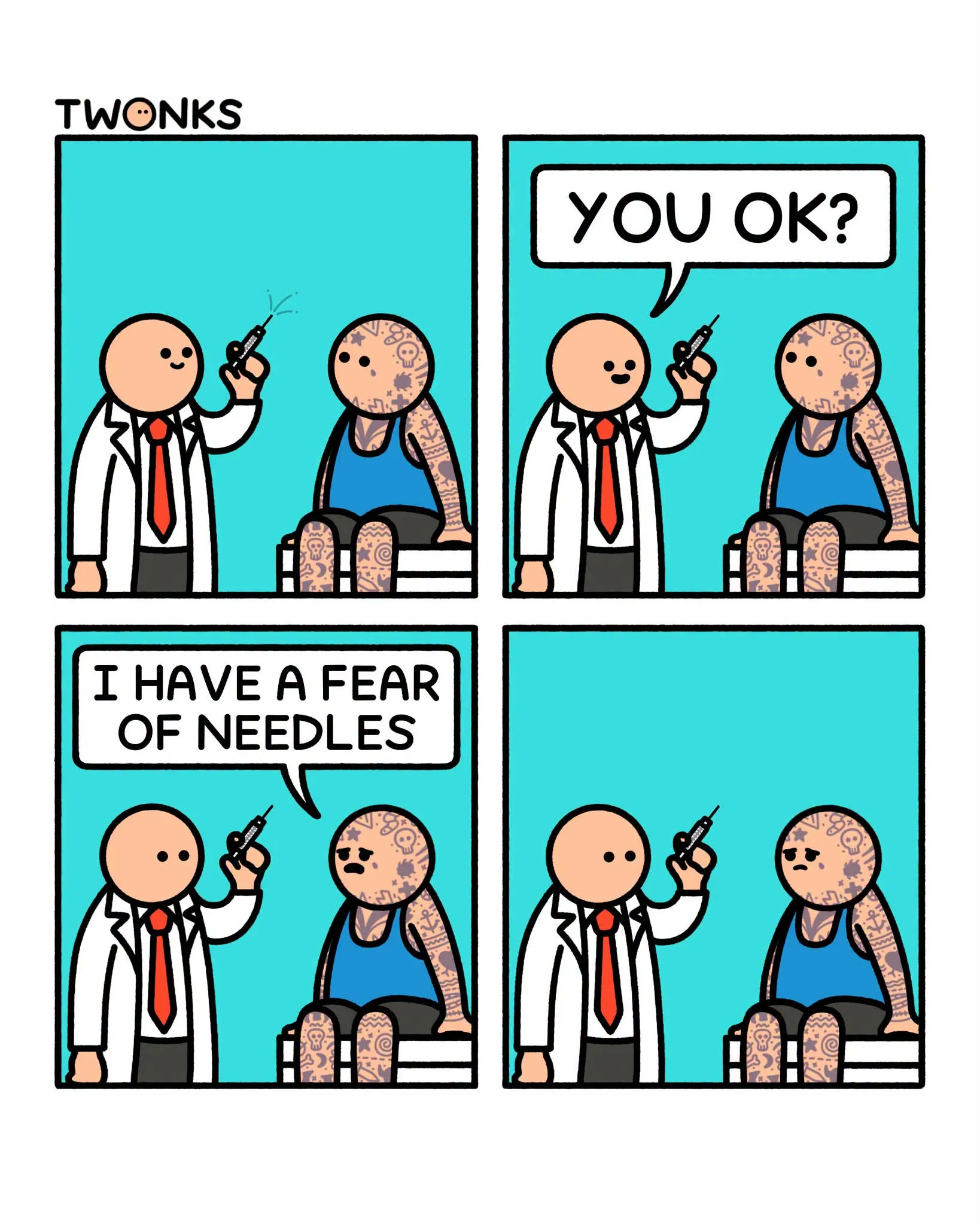 A doctor holds a syringe beside a tattooed patient who says he fears needles in a four-panel Twonks comic.