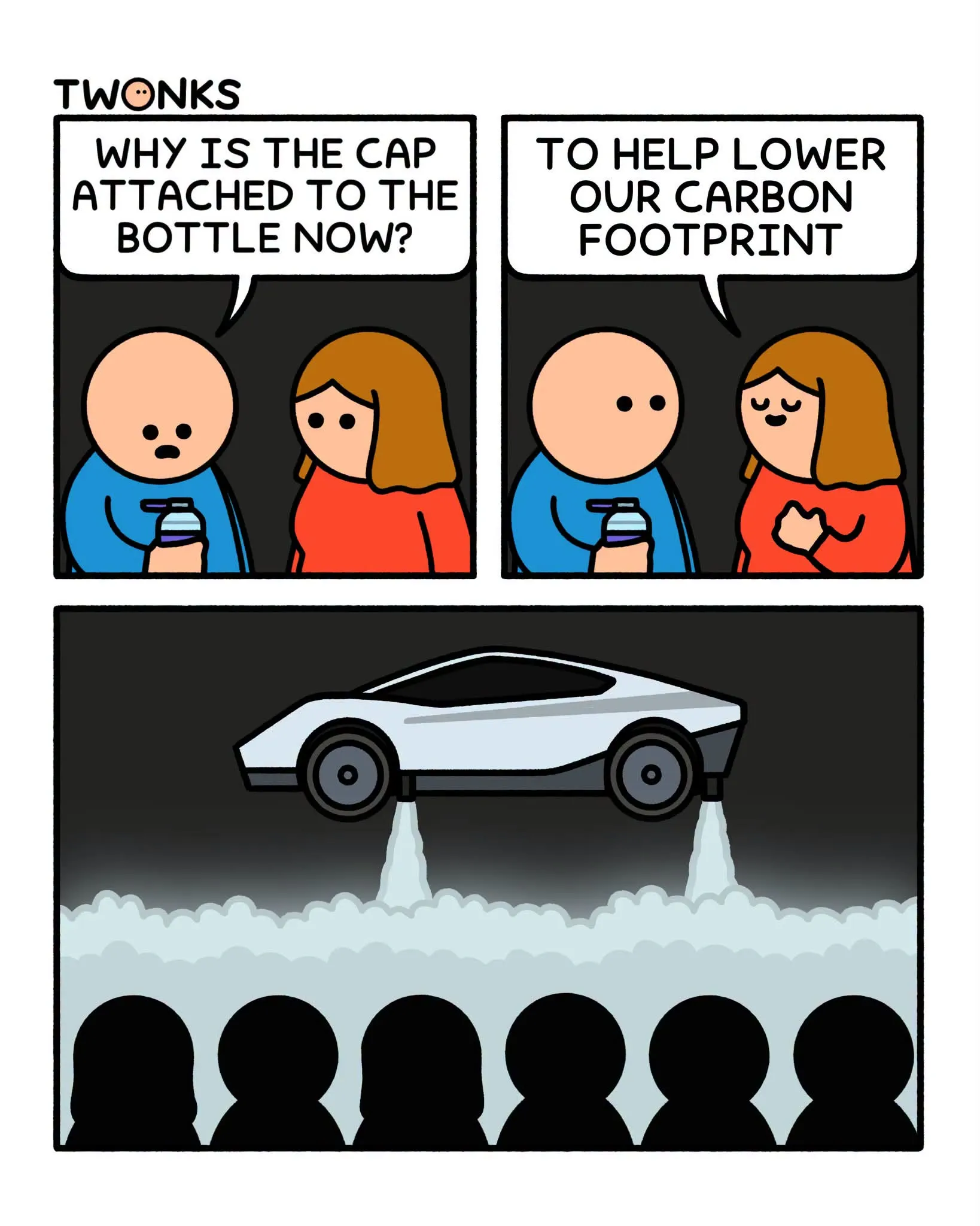 A man questions a bottle cap attached to its bottle; a woman explains the carbon footprint before a flying electric car appears.