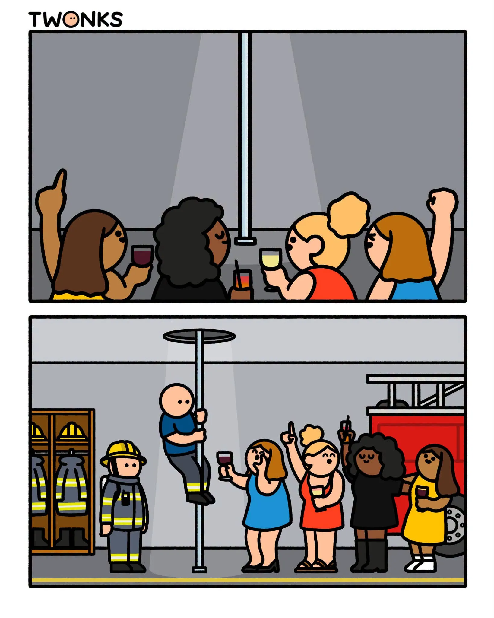 Women celebrate with drinks in a club before a second panel reveals a firefighter and a pole at a fire station party.