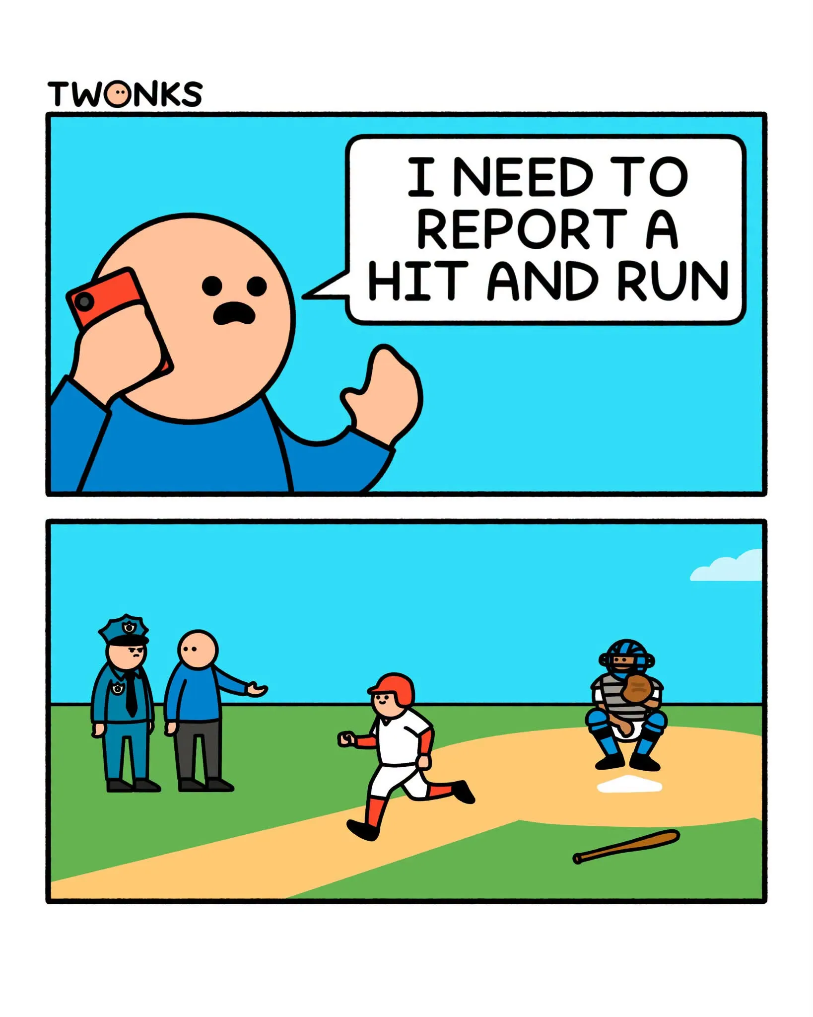 A man calls to report a hit-and-run while a baseball player runs past a catcher toward home plate.