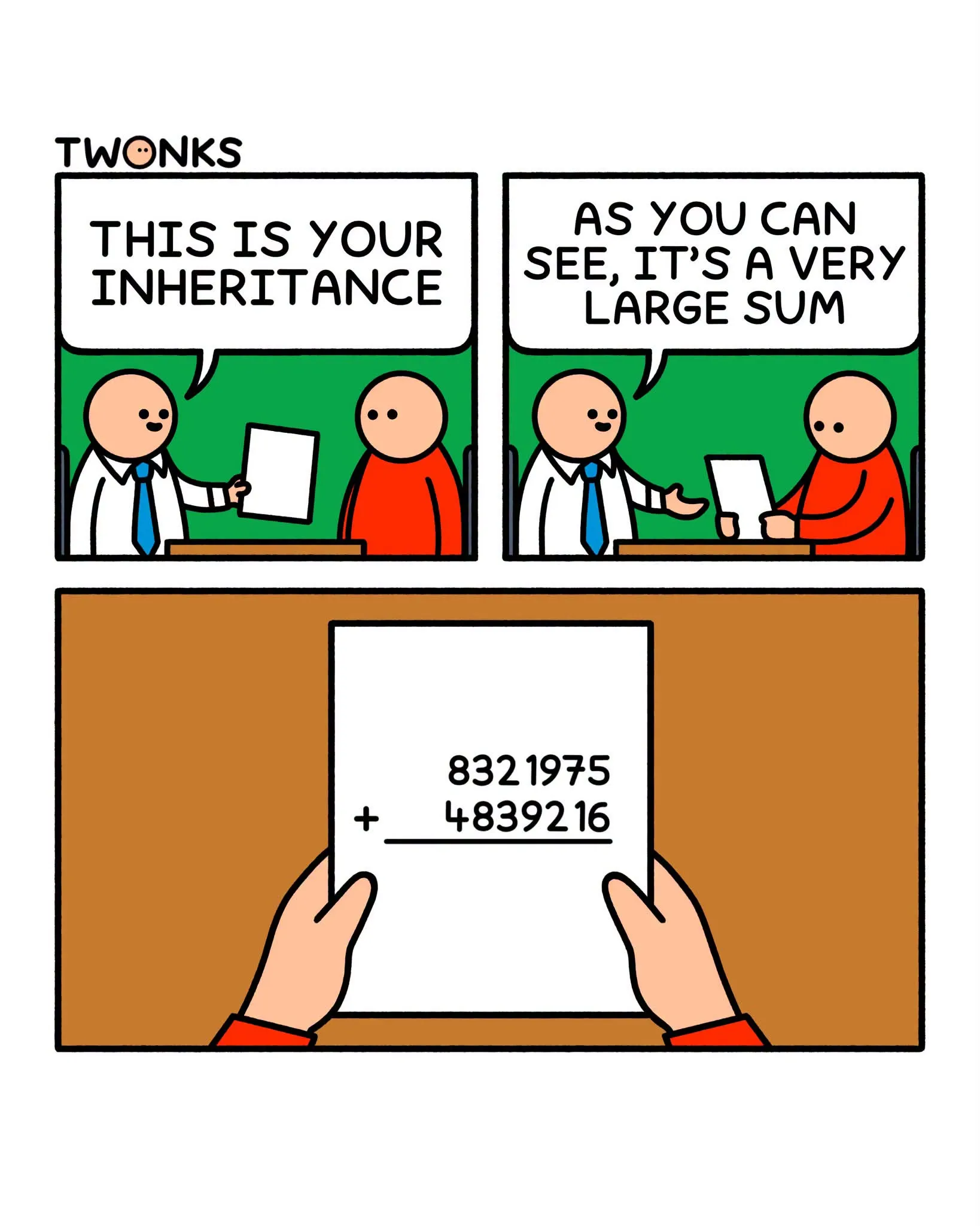 A lawyer presents an inheritance document before a close-up shows a handwritten addition problem on paper.