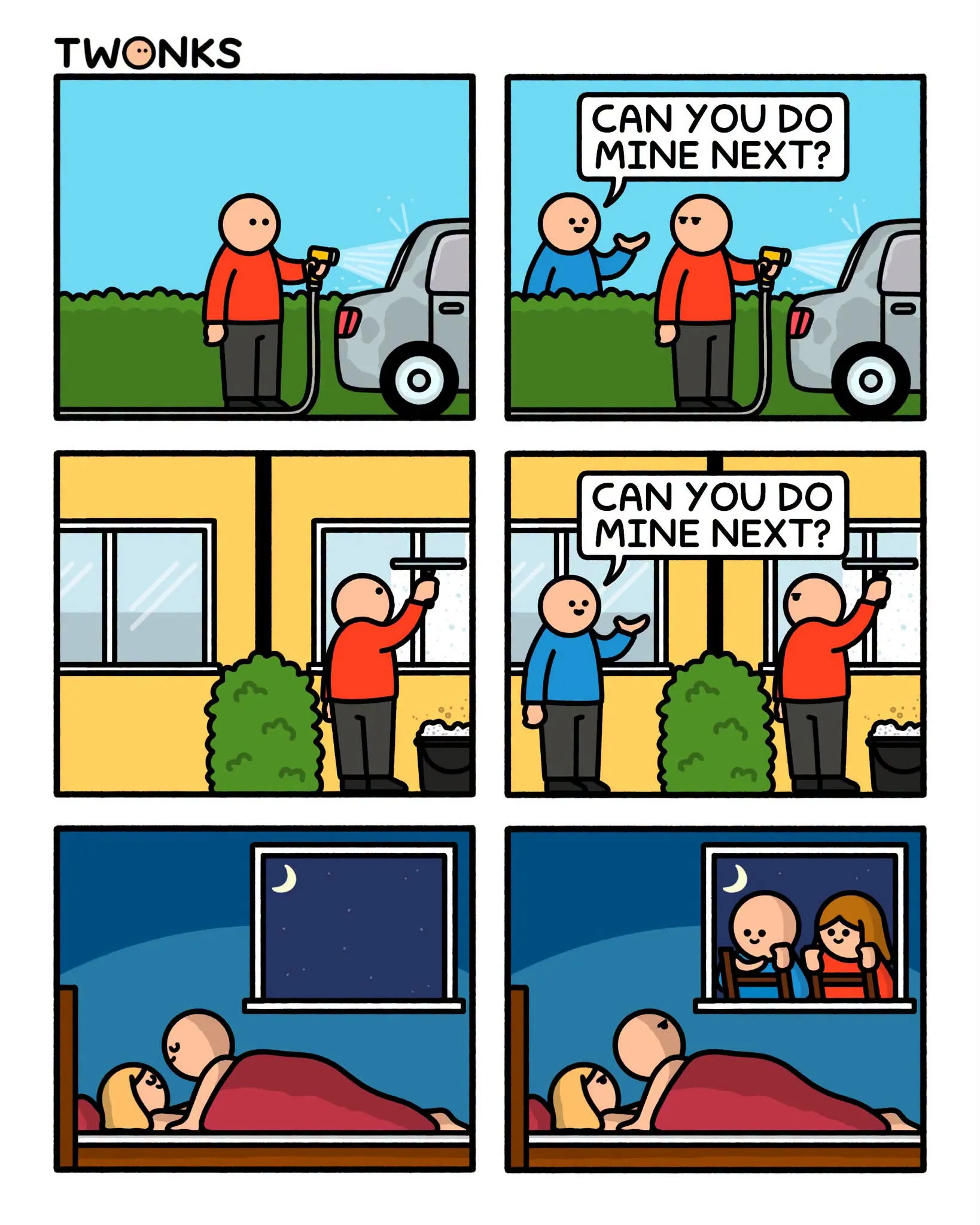 A man washes a car and asks whether another person can do his next; the sequence moves to window washing and a couple in bed watched through a window.