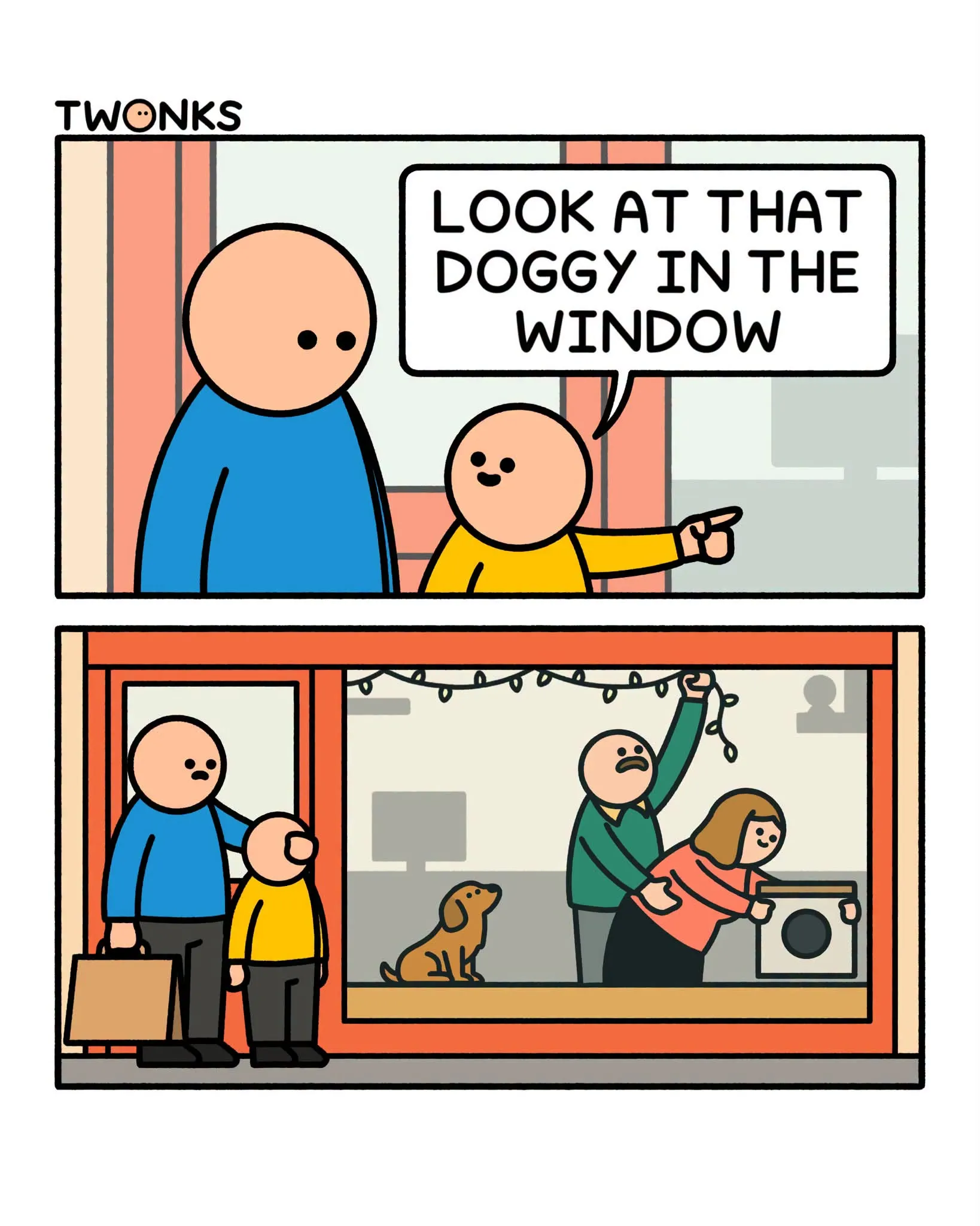 A child points at a shop window and calls out a dog; the final panel reveals a dog beside a woman bent over a washing machine while someone hangs string lights.